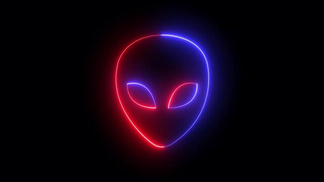 Glowing neon Alien head icon on black background. Martian head icon animation. Extraterrestrial alien face or head icon symbol. Space alien face, extraterrestrial, Martian emoji, humanoid.