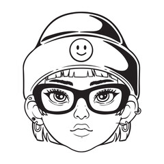 illustration art hand drawn black and white girl herad with bennie head tattoo and t-shirt design
