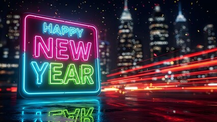 Exciting Happy New Year neon sign glows over city skyline with sparkling confetti and vibrant light trails