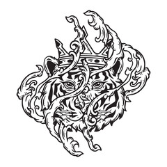 illustration art hand drawn black and white tiger head with engraving ornamnet tattoo and t-shirt design