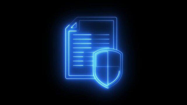 neon Document protection icon on black background. document security icon for digital protection concepts. Secure document icon animation. Confidential information and privacy idea, secure, shield.