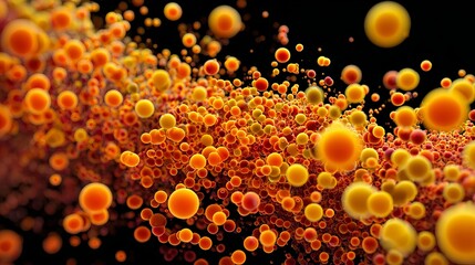 Vibrant orange spheres floating against dark backdrop create a captivating abstract, perfect for science, technology, or medical themes