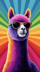 Naklejka premium Funny Llama with Split Color Fur Wearing Retro Synthwave Sunglasses in Pop Art Style