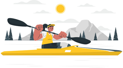Vibrant illustration of an active person kayaking on calm water with mountains and a sunny sky in the background, representing outdoor sports, adventure, and healthy lifestyle