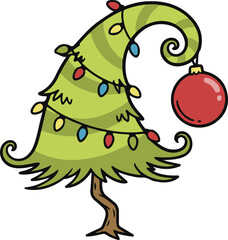 Whimsical vector cartoon illustration of a curved, bent green Christmas tree wrapped in colorful string lights with a large red ball ornament hanging from the tip.