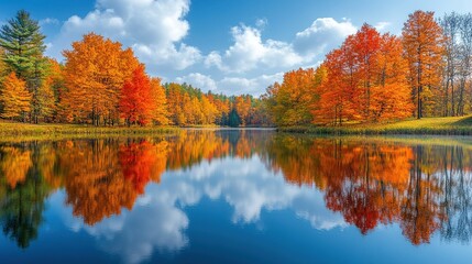 Autumn Lake Colorful Forest Reflection Background (Colorful Autumn Leaves + Clear Lake Surface) Natural Decoration Design Background
