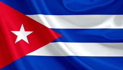 Cuban flag with five horizontal blue and white stripes and red triangle with white star on hoist side.