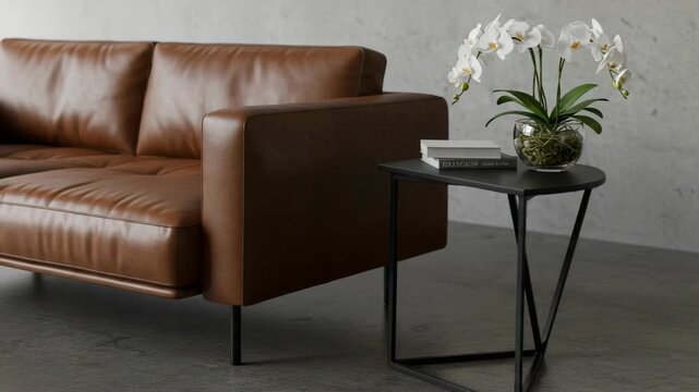 Stylish modern leather sofa paired with a sleek side table and elegant orchids enhances contemporary minimalist living spaces with comfort and aesthetic appeal.