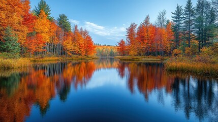 Fototapeta premium Autumn Lake Colorful Forest Reflection Background (Colorful Autumn Leaves + Clear Lake Surface) Natural Decoration Design Background 