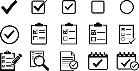 Checklist and verification icons, clipboard, calendar, document, task tools, black line style, grid vector illustration