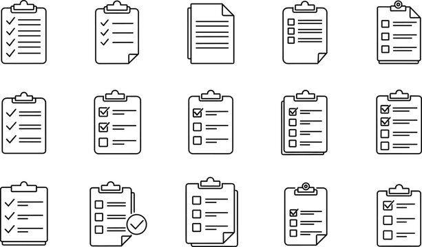 Clipboard checklist icons, task management symbols, productivity UI elements, black line style, grid vector illustration