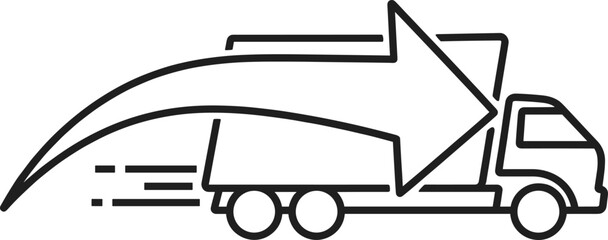 Fast delivery truck, curved arrow motion, logistics symbol, shipping speed icon, black line style, vector illustration