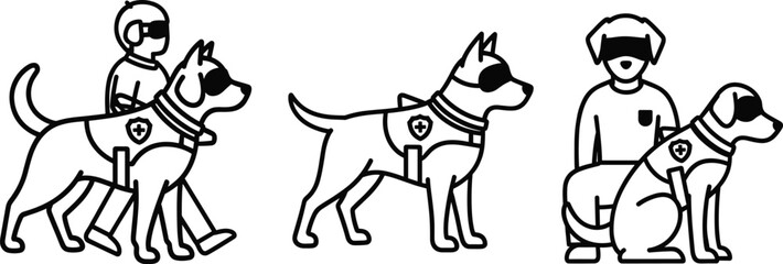 Guide dog support scenes, service animal assistance, walking, waiting, sitting, disability aid icons, black line vector illustration