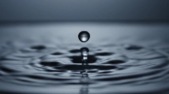 Water droplet falling into liquid with ripples, creating concentric waves and surface tension effect