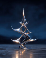 Futuristic abstract liquid metal Christmas tree with chrome branches on reflective black floor