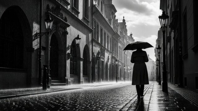 Solitary figure walking along a rain-slicked European cobblestone street in black and white