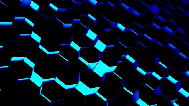 Abstract blue futuristic hexagons surface pattern, honeycomb with offset effect. Blue abstract glowing sci-fi background. Hexagonal wall moving waves
