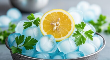 A sliced lemon resting on ice cubes with sprigs of fresh green parsley