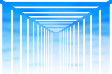 雲模様の入った青空背景に三方を囲むような遠近感のある白色ネオン管光のアーケード風テクスチャー。