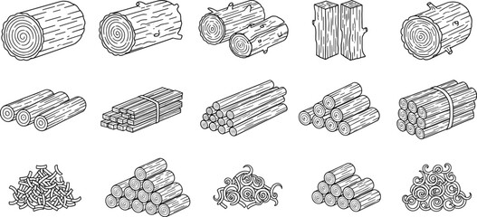 Wood and lumber grid, log bundles, planks, nails, shavings, forestry icons, black line style, vector illustration