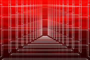 毒々しい血海のような赤黒空間に階層と骨組的白色ネオン光電飾が立ち並ぶ抽象イメージ © SAIGLOBALNT