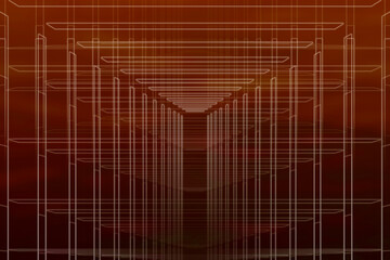 赤茶～黒色グラデーション地にビルのフロアや外骨組風の白い幾何学的ネオン光ラインアート入りイメージ。
