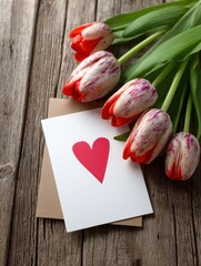 holidays love and valentines day concept  close up of tulip flowers and greeting card with heart on wooden table no logos no brands ar 34