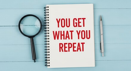 A spiral notebook displaying the message You Get What You Repeat