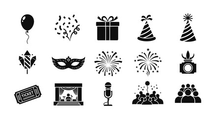 Festive Celebration Event Party Icons Vector Collection for Entertainment and Social Gatherings, Fun Holiday Elements Illustration Set
