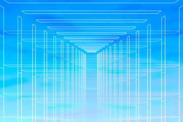 爽やかで明るい青空背景に広がるように縦横を囲む長方形の白色ネオン光管が連続する未来的背景素材