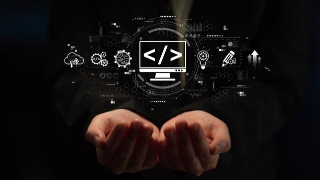 Modern web development concept featuring coding symbols, web development process, web development interface, and web development tools with futuristic design. Muxer