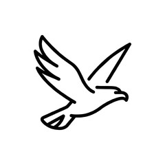 Obraz premium Minimalist black outline drawing of a majestic bird in flight with wings spread against a white background.
