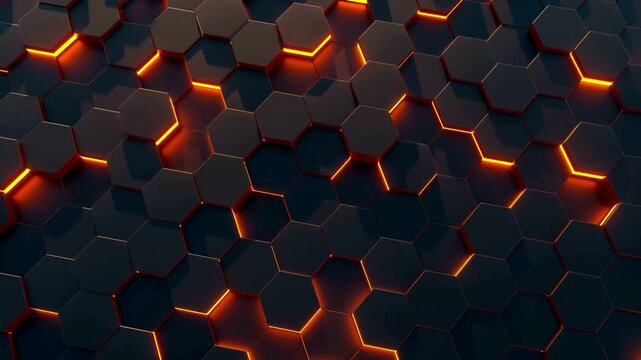 Abstract hexagon orange neon and black geometric surface loop: wavy motion background black hexagon shapes. Space grey. Dramatic feel illustration