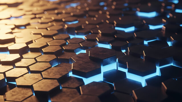Abstract digital illustration showcasing a pattern of hexagonal shapes with a futuristic design and glowing blue light beneath the surface.