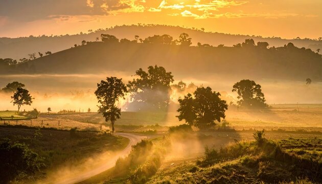 Majestic sunrise over a hazy landscape, illuminating trees, a winding road, and distant hills - Powered by Adobe