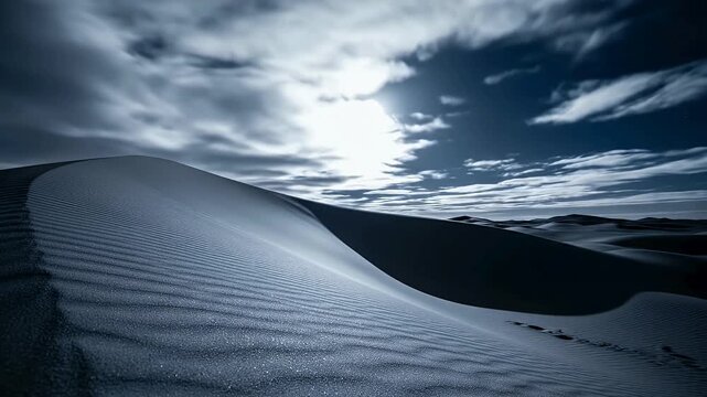 A tranquil night scene showing desert sand dunes glowing under soft moonlight in a quiet, vast landscape.