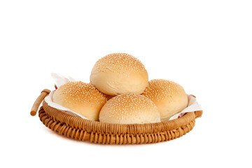 Sesame Seed Burger Buns in Wicker Basket - Fresh Bread for Commercial Food Photography