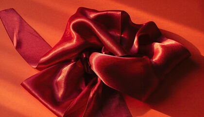 Elegant Red Satin Ribbon Bow with Dramatic Warm Lighting and Shadows.