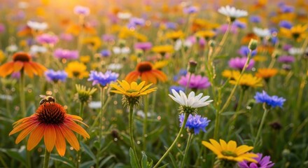 Fototapeta premium A vibrant field of colorful wildflowers in bright sunlight