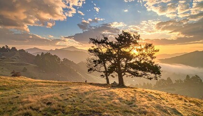 Obraz premium Picturesque landscape featuring silhouette trees on a hill against a cloudy golden hour sky