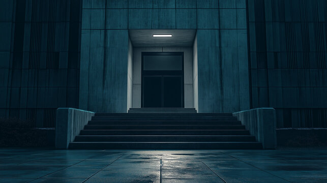 Dark concrete building entrance with wide stairs and dramatic lighting, evoking mystery and urban minimalism.