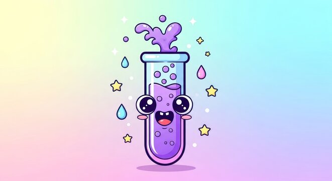 Kawaii laboratory test tube character with cute smiling face and vibrant liquid overflow