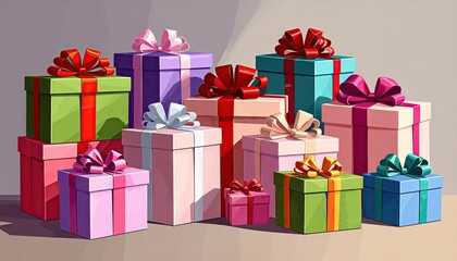 A vibrant assortment of colorful gift boxes adorned with festive ribbons and bows.