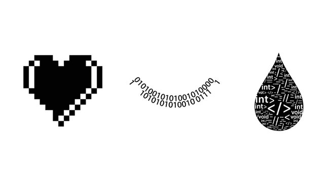 Digital Concepts: Pixel Heart, Binary Data, and Programming Code