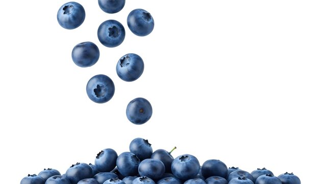 Fresh blueberries falling onto a pile against a clean white backdrop, ideal for healthy eating campaigns and vibrant summer promotions