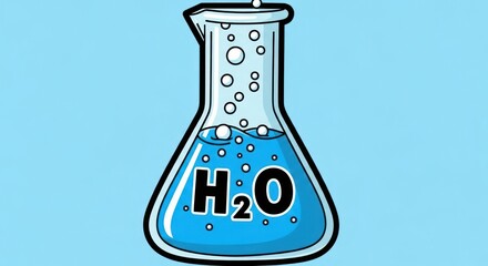 Stylized beaker filled with blue water and labeled H2O against a light blue background