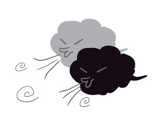 Illustration of a gray and black cloud with a face blowing wind from its mouth
