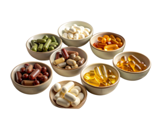   Assorted Vitamin Capsules and Tablets in Ceramic Bowls on Soft Linen Surface