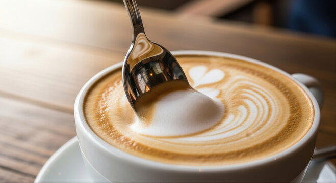 Close up of spoon stirring creamy milk foam in cup of cappuccino coffee with heart latte art