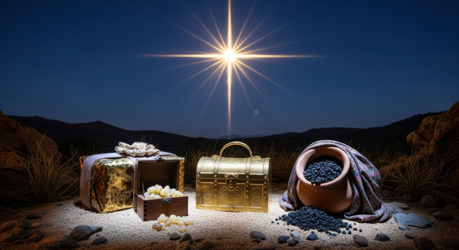 Biblical Magi gifts gold frankincense and myrrh in chests under bright Star of Bethlehem night scene - Powered by Adobe